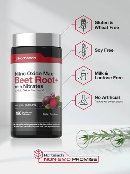 Horbäach Nitric Oxide Beet Root Capsules | 180 Count | with Nitrates and Precursor | for Men and Women | Vegetarian, Non-GMO Horbäach