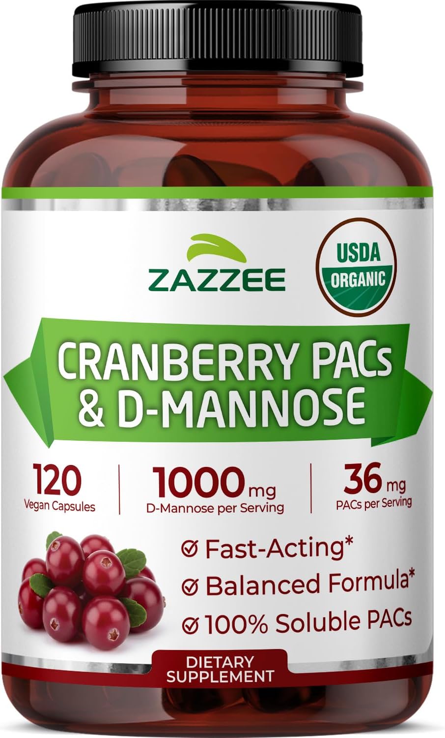 Zazzee USDA Organic Cranberry PACs & D-Mannose, 36 mg PACs per Serving | 1000 mg D-Mannose per Serving, 120 Vegan Capsules, 2 Month Supply, Urinary Tract & Bladder Support, Non-GMO, Made in the USA Gsupps Australia