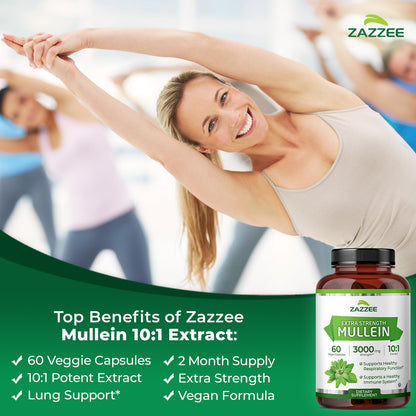Zazzee Extra Strength Mullein Leaf 10:1 Extract, 120 Vegan Capsules | 4 Month Supply, Respiratory & Lung Support, Certified Kosher, 100% Pure Leaf Powder, Verbascum Thapsus, Non-GMO, Made in USA Gsupps Australia