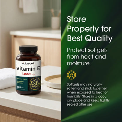 NatureBell Vitamin E 1,000 IU Per Serving - 300 Softgels - Antioxidant Supplement for Skin, Heart & Brain Health Support NatureBell