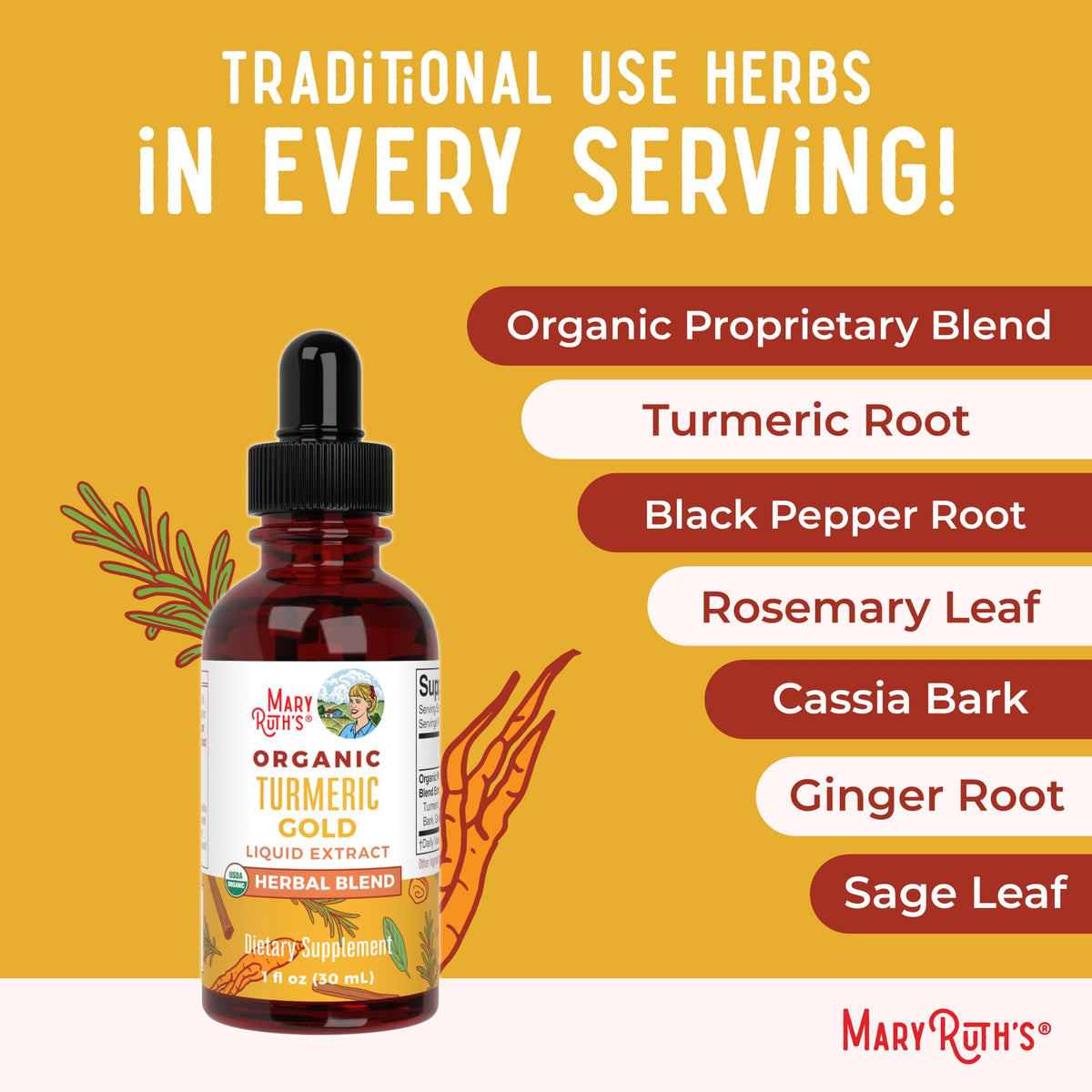 MARYRUTH'S Organics USDA Turmeric Gold Liquid Drops | Herbal Blend | Turmeric Curcumin | Black Pepper | Cassia Cinnamon Bark | Ginger Root | Immune Support MARYRUTH'S