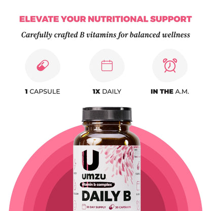 UMZU Daily B, 30 Day Supply – Complete Vitamin B Complex Supplement Blend with B1, B2, B3, B5, B6, B7, B9 & B12 Plus Folic Acid & Biotin – Supports Energy, Focus, Mood, UMZU