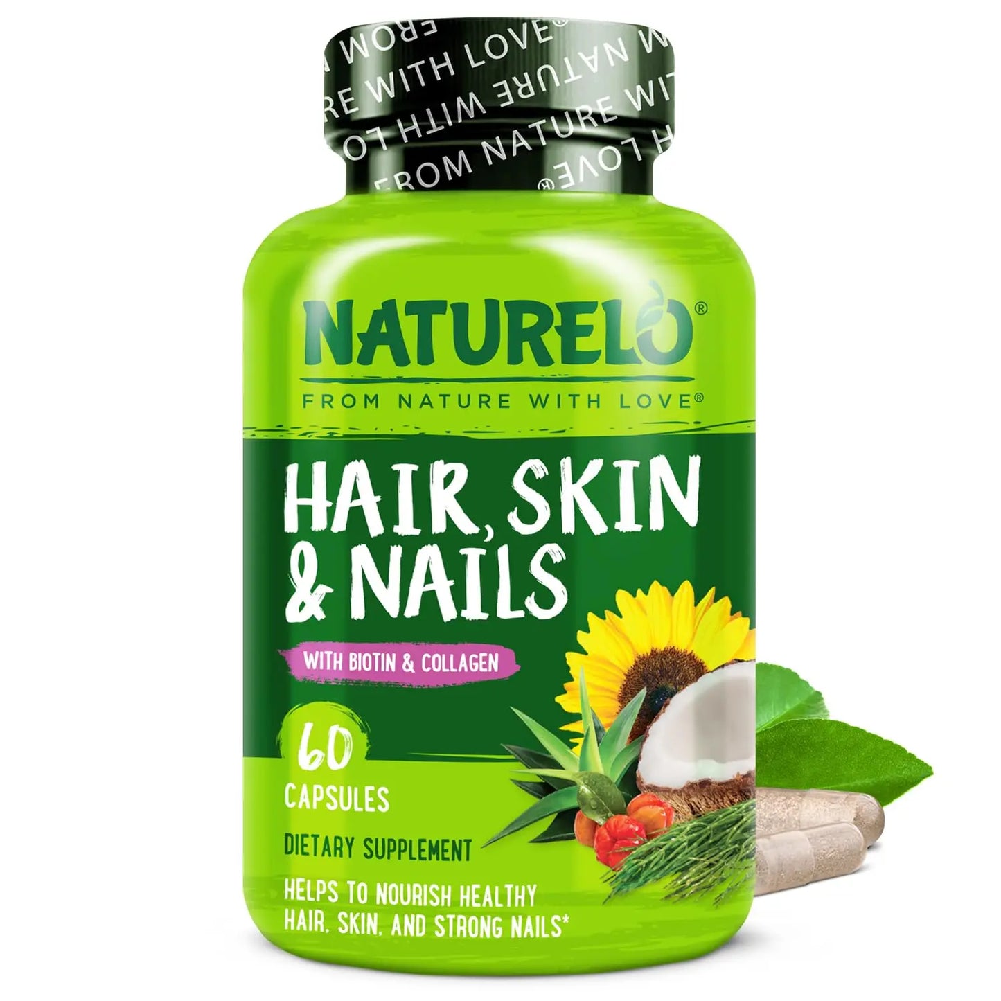 NATURELO Hair, Skin and Nails Vitamins - 5000 mcg Biotin, Collagen, Natural Vitamin E - Supplement for Healthy Skin NATURELO