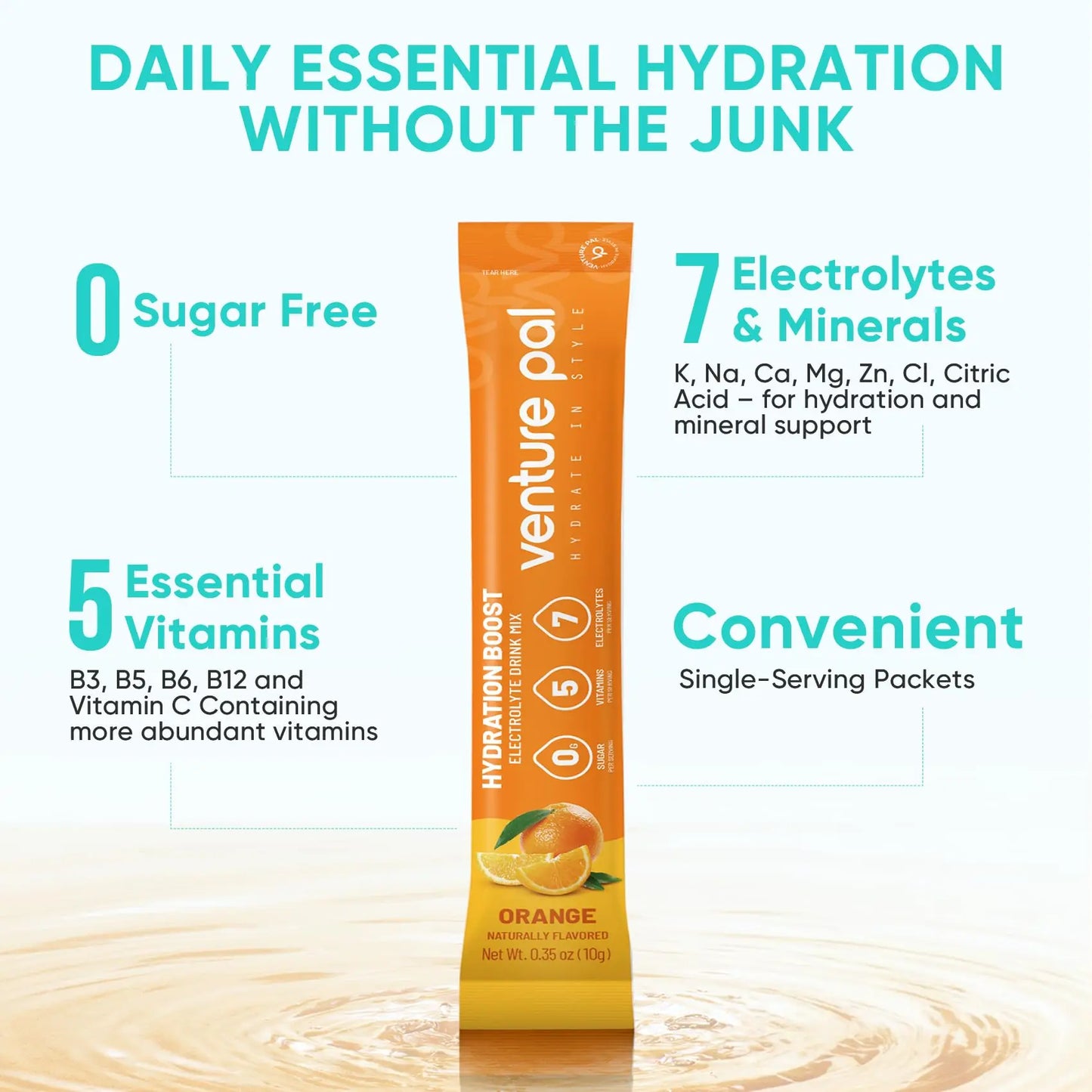 Venture Pal Sugar Free Electrolytes Powder Packets - Liquid Daily IV Hydration Packets | Instantly Hydrating & Party Recovery | 5 Vitamins & 7 Electrolytes Venture Pal