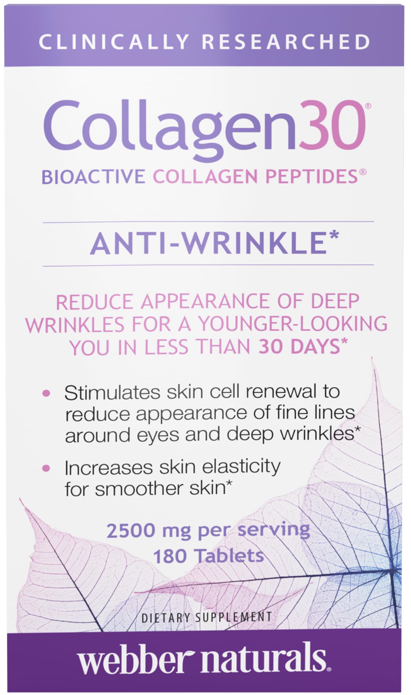 Webber Naturals Collagen 30 Anti-Wrinkle, 2,500mg of Bioactive Collagen Peptides Per Serving (3 Tablets), 180 Tablets, Helps Reduce Deep Wrinkles Webber Naturals