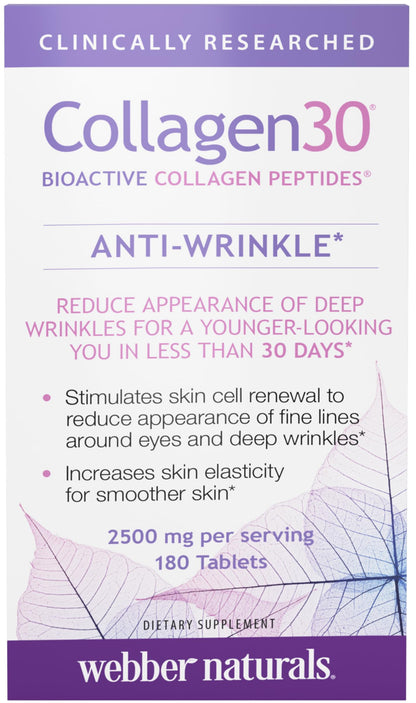 Webber Naturals Collagen 30 Anti-Wrinkle, 2,500mg of Bioactive Collagen Peptides Per Serving (3 Tablets), 180 Tablets, Helps Reduce Deep Wrinkles Webber Naturals