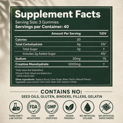 Creatine Monohydrate Gummies 5g - Only 2g Sugar, Made in USA - Sour Watermelon Flavor - Vegan & 3rd Party Tested - Pre & Post Workout Supplement for Women and Men (120 Count, 40 Servings) Cabana Nutrition