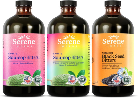 Serene Herbs Soursop Bitters Liquid & Black Seed Bundle – Organic Herbal Guanabana for Digestive Support & Immune Health – Vegan, Non-GMO – 32 oz (16 oz Each), (3 Pack)