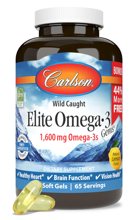 Carlson - Elite Omega-3 Gems, 1600 mg Omega-3 Fatty Acids Including EPA and DHA, Norwegian, Wild-Caught Fish Oil Supplement, Sustainably Sourced Omega Carlson