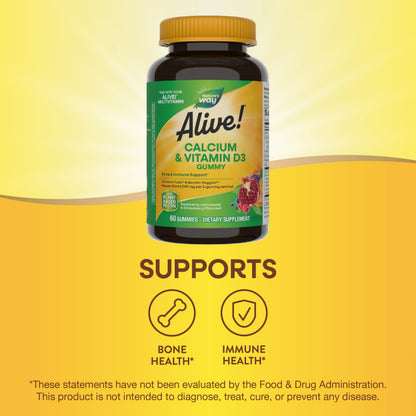 Nature’s Way Alive! Chewable Calcium Gummies with Vitamin D3, Daily Supplement Supports Healthy Bones and Teeth, and Muscle Function*, Strawberry and Raspberry Nature's Way