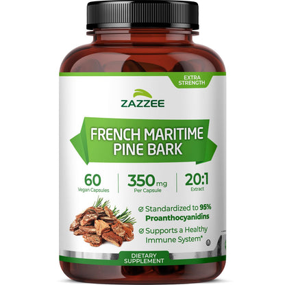 Zazzee Extra Strength French Maritime Pine Bark Extract 20:1, 180 Capsules | 350 mg Per Capsule, 95% Proanthocyanidins, Vegan, 6 Month Supply, Certified Kosher, Antioxidant Support, Non-GMO, Made in USA Gsupps Australia