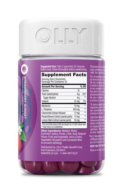 OLLY Max Strength Sleep Gummy, 10mg Melatonin, L-Theanine, Chamomile, Lemon Balm, Sugar Free, Vegetarian Sleep Aid, Strawberry - 70 Count OLLY