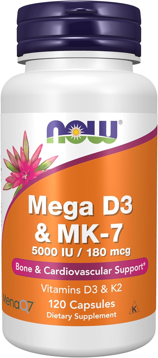 NOW Supplements, Mega D-3 & MK-7, 5000 IU / 180 mcg, Bone & Cardiovascular Support*, Vitamins K-3 & K-2, 120 Capsules Gsupps Australia