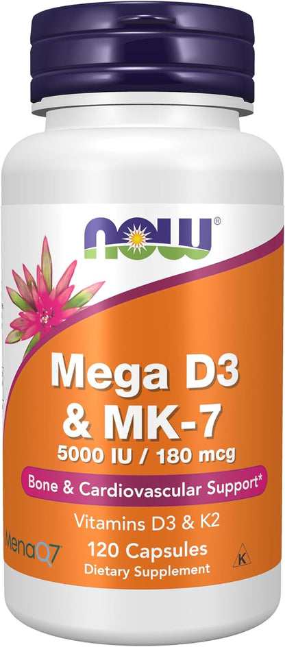 NOW Supplements, Mega D-3 & MK-7, 5000 IU / 180 mcg, Bone & Cardiovascular Support*, Vitamins K-3 & K-2, 120 Capsules Gsupps Australia