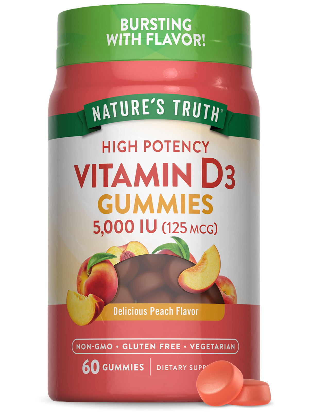 Nature's Truth Vitamin D3 Gummies | 5000 IU | 60 Count | Peach Flavor | Vegetarian, Non-GMO & Gluten Free Supplement Nature's Truth