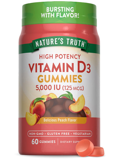Nature's Truth Vitamin D3 Gummies | 5000 IU | 60 Count | Peach Flavor | Vegetarian, Non-GMO & Gluten Free Supplement Nature's Truth