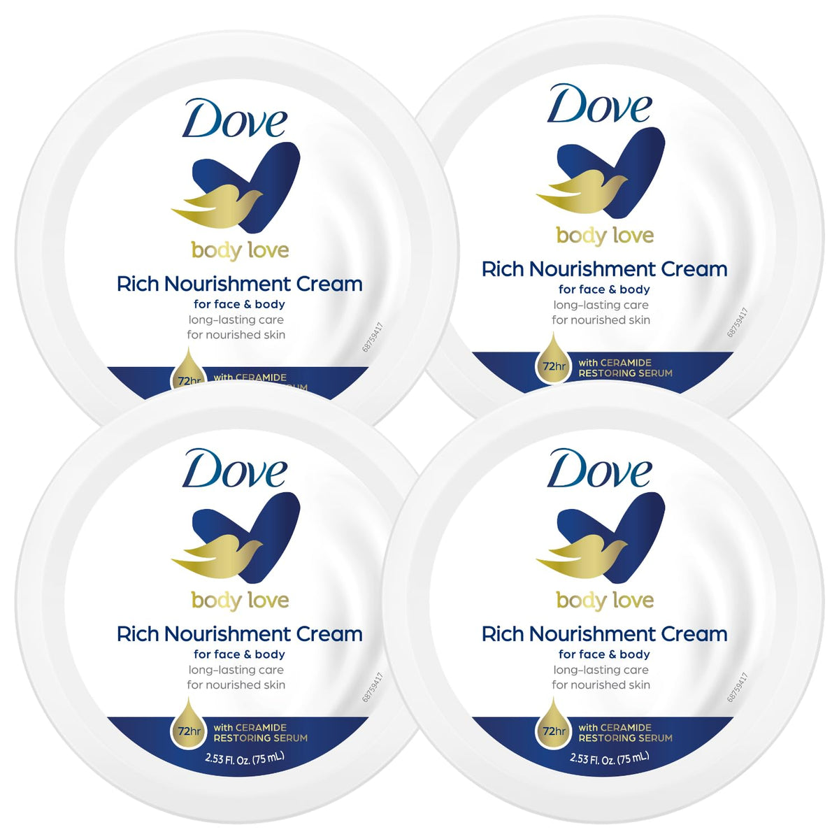 Dove Nourishing Body Care, Face, Hand, and Body Rich Nourishment Cream for Extra Dry Skin with 48-Hour Moisturization, 4-Pack, 2.53 Oz Each Jar Dove