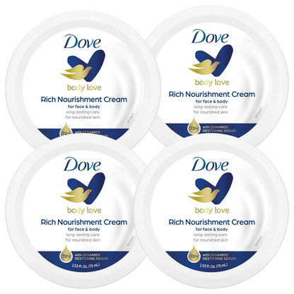 Dove Nourishing Body Care, Face, Hand, and Body Rich Nourishment Cream for Extra Dry Skin with 48-Hour Moisturization, 4-Pack, 2.53 Oz Each Jar Dove