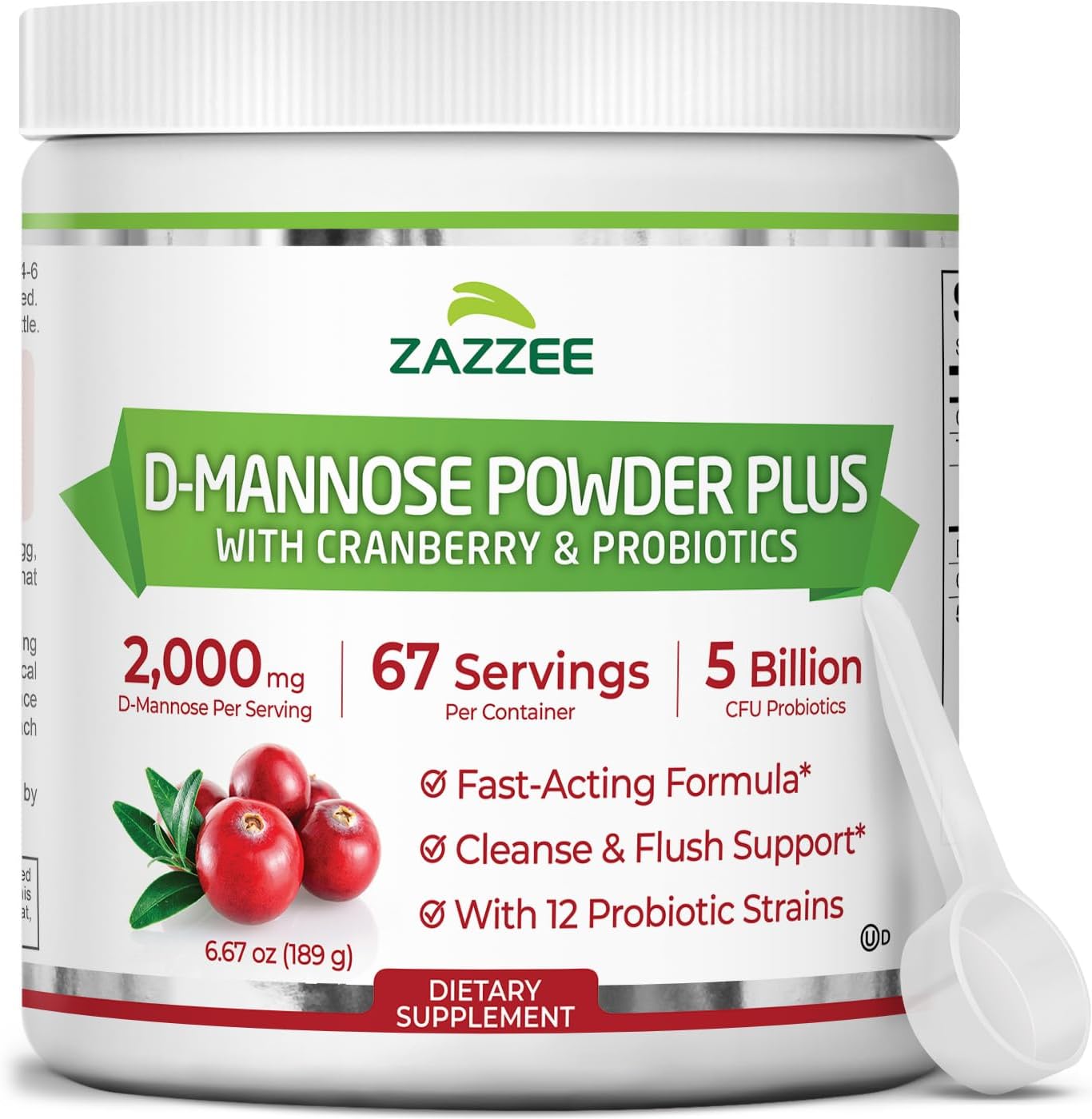Zazzee D-Mannose Powder Plus, 2000 mg, 67 Servings, Free Scoop, Made in USA | Plus 5 Billion CFU Probiotics and Pure Cranberry Juice Extract, Kosher, 6.67 oz, Urinary Tract & Bladder Support, Non-GMO Gsupps Australia