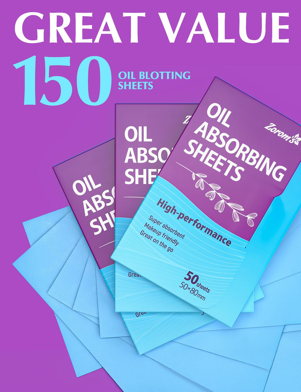 High-Performance Oil Absorbing Sheets for Face – 3pk/150 - Makeup Friendly ZOROM'S