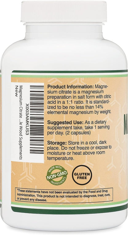 Magnesium Citrate 800mg, 180 Capsules, Digestion & Constipation Support, Vegan Safe, Non-GMO, Double Wood Supplements