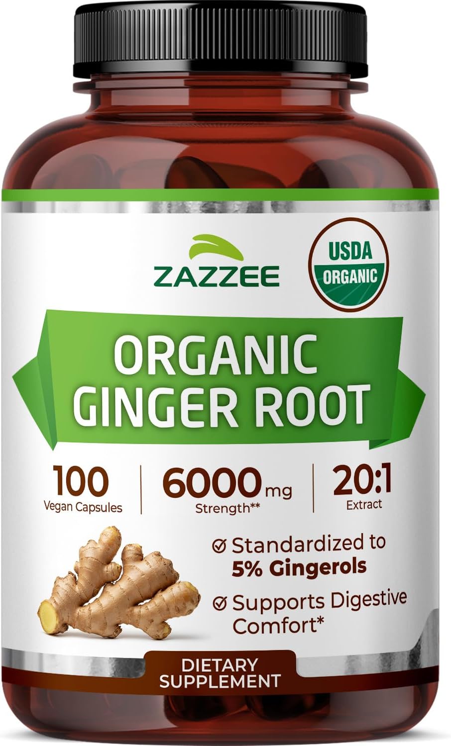 Zazzee USDA Organic Ginger Root 20:1 Extract, 5% Gingerols, 100 Capsules | Vegan, 3+ Month Supply, Digestive & Stomach Support, Zingiber Officinale, All-Natural, Non-GMO, Made in the USA Gsupps Australia