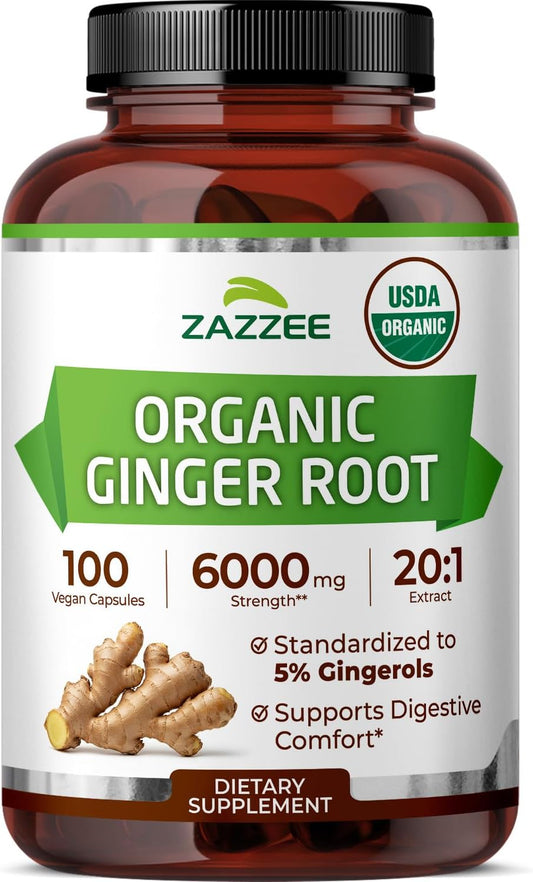 Zazzee USDA Organic Ginger Root 20:1 Extract, 5% Gingerols, 100 Capsules | Vegan, 3+ Month Supply, Digestive & Stomach Support, Zingiber Officinale, All-Natural, Non-GMO, Made in the USA Gsupps Australia