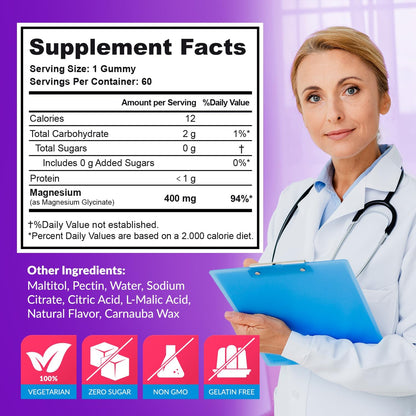 Magnesium Glycinate Gummies 400mg, Muscle Support and Relaxation, Magnesium Supplement for Women, Men and Kids, High Absorption, Sugar Free, BE&LANCY