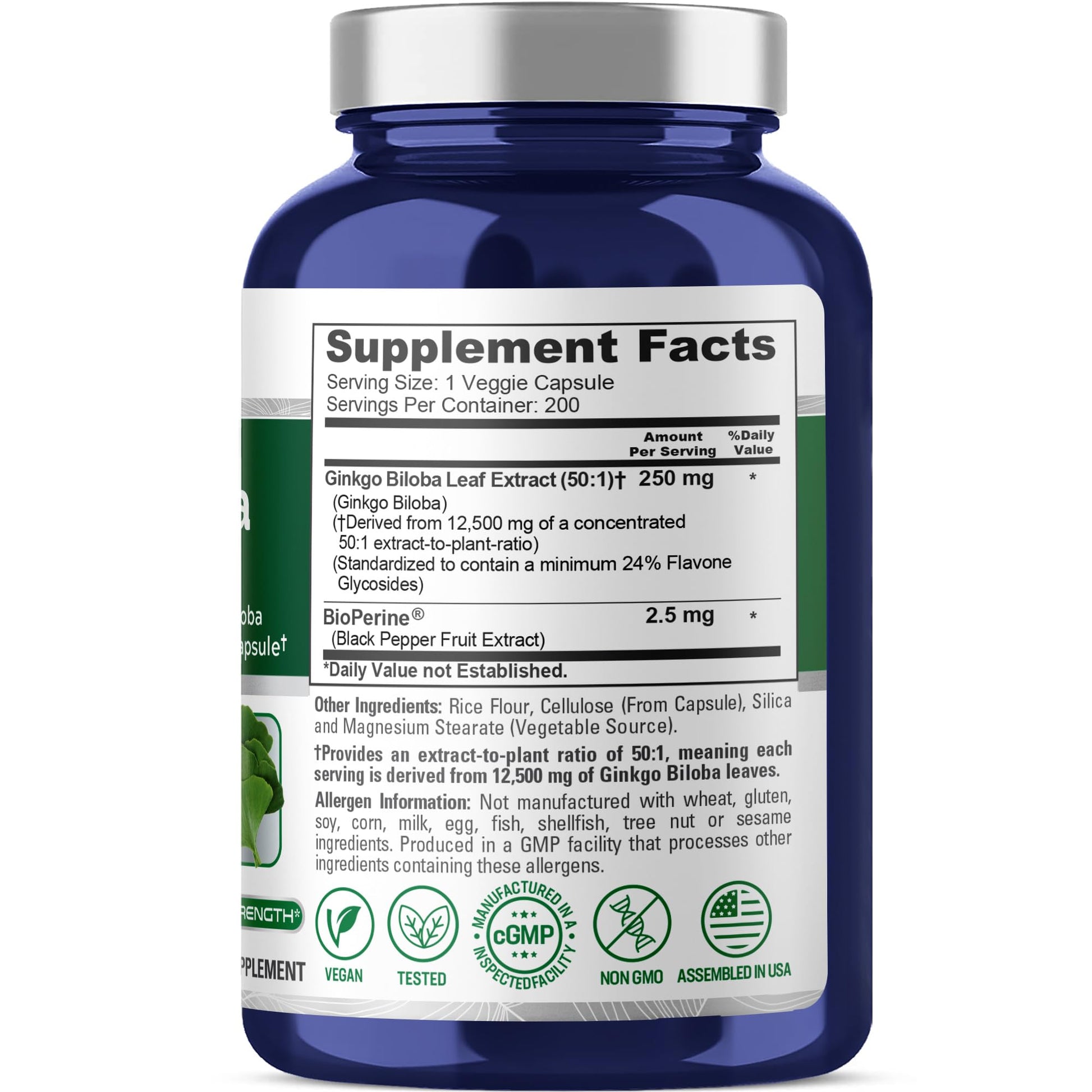 NusaPure Ginkgo Biloba 50:1 Extract, 250 mg Equivalent to 12,500 mg per Veggie Caps 200 Capsules (Vegetarian, Non-GMO, Vegan) Bioperine NusaPure buy australia supplements