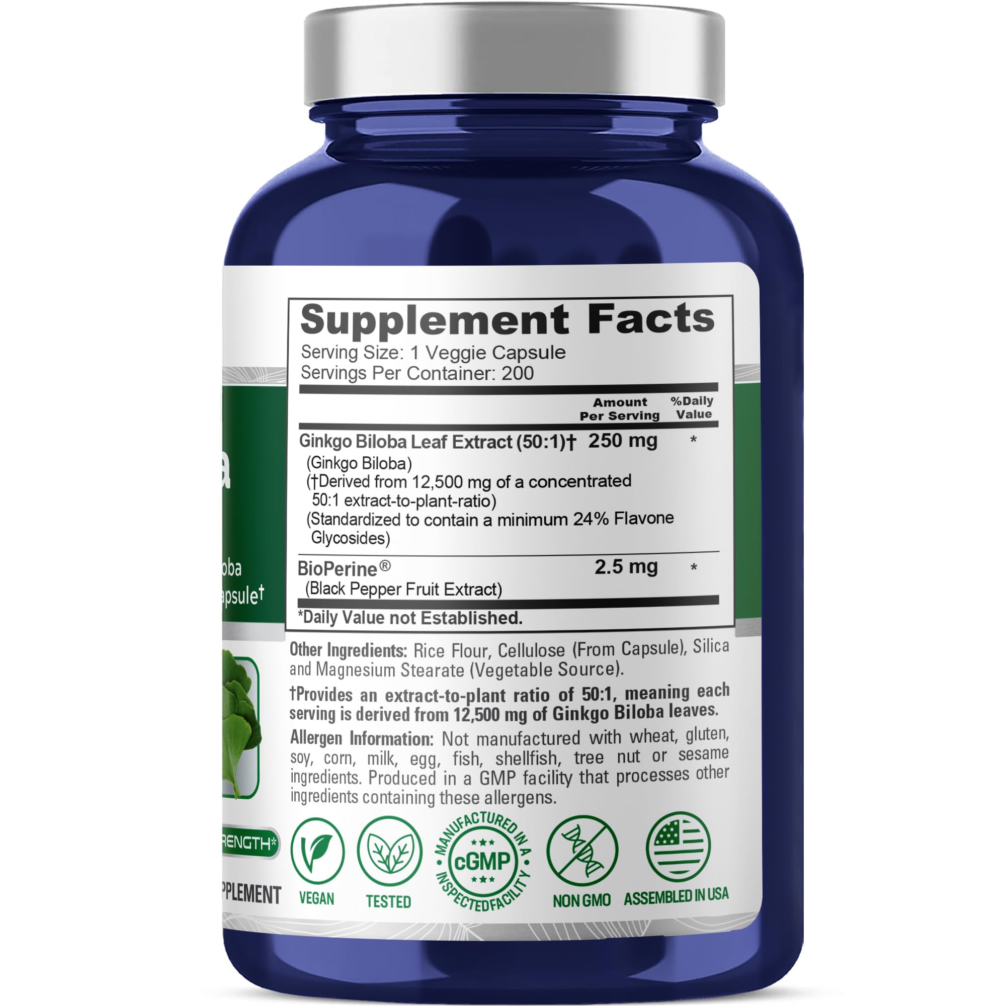NusaPure Ginkgo Biloba 50:1 Extract, 250 mg Equivalent to 12,500 mg per Veggie Caps 200 Capsules (Vegetarian, Non-GMO, Vegan) Bioperine NusaPure buy australia supplements