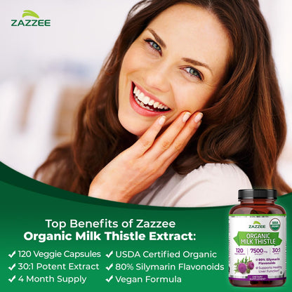 Zazzee USDA Organic Milk Thistle 30:1 Extract, 80% Silymarin, 120 Vegan Capsules, 4 Month Supply, Certified Kosher, High Potency Liver & Antioxidant Support Zazzee