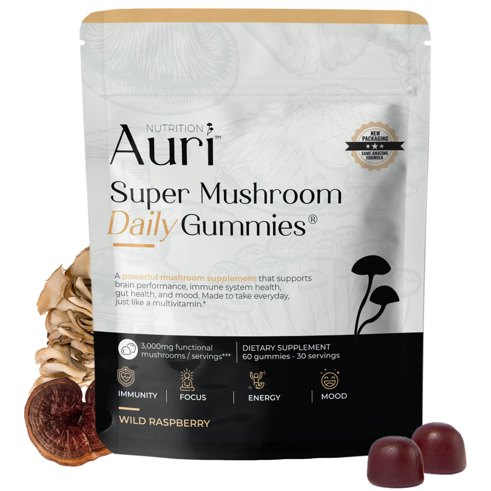 Auri Nutrition Super Mushroom Daily Gummies – All-in-One Functional Gummy with 12 Mushroom Blend Including Lion’s Mane