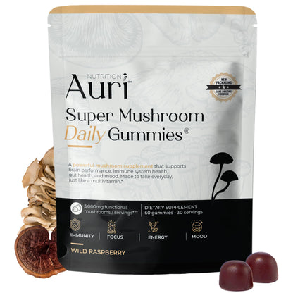 Auri Nutrition Super Mushroom Daily Gummies – All-in-One Functional Gummy with 12 Mushroom Blend Including Lion’s Mane Auri