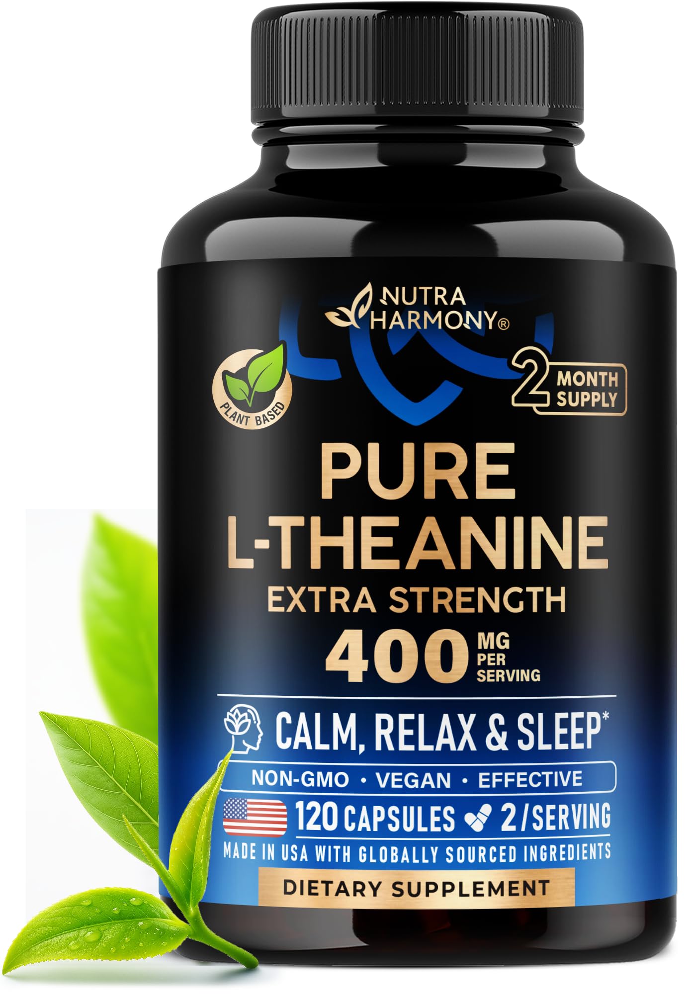 L Theanine 400 mg | L-Theanine Stress Relief | Extra Strength Supplement | Made in USA | Relaxation, Sleep & Calm Support | For Men & Women | Plant Based NUTRAHARMONY