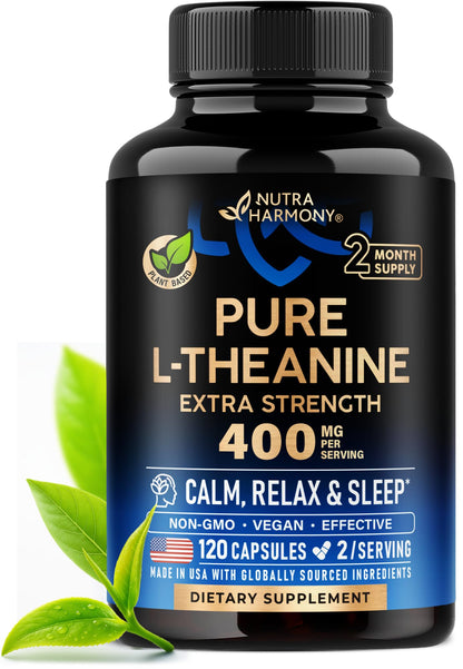 L Theanine 400 mg | L-Theanine Stress Relief | Extra Strength Supplement | Made in USA | Relaxation, Sleep & Calm Support | For Men & Women | Plant Based NUTRAHARMONY