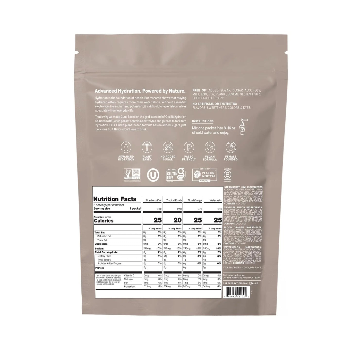 Cure Hydration | Plant-Based Electrolyte Drink Mix | No Added Sugar | FSA-HSA | Dehydration Relief Powder Made with Coconut Water | Non-GMO | Vegan Cure Hydration
