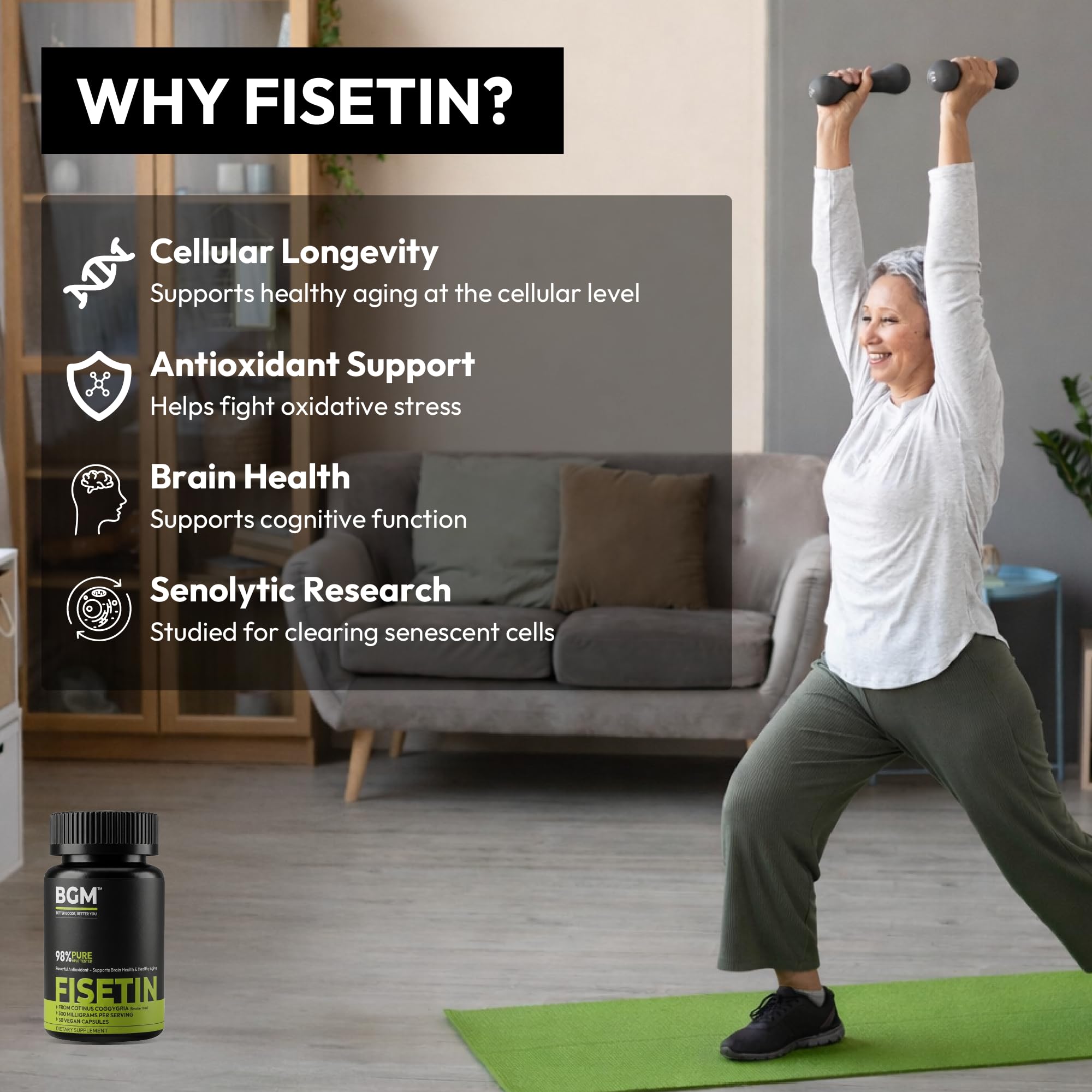 BGM Fisetin 500mg Supplement | Smoke Tree Extract (Cotinus coggygria) | 98% Pure Senolytic Antioxidant | Vegan Capsules | Supports Brain Health & Healthy Aging BGM Better Goods, Better You buy australia supplements