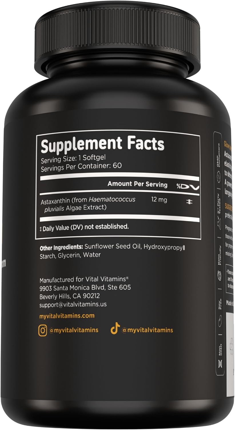 Vital Vitamins Astaxanthin 12mg Softgels for Skin Hydration & Elasticity | Natural Astaxanthin from Microalgae, Antioxidant Protection for Skin, Eyes & Exercise Recovery, Vegan, 60 Softgels Gsupps Australia