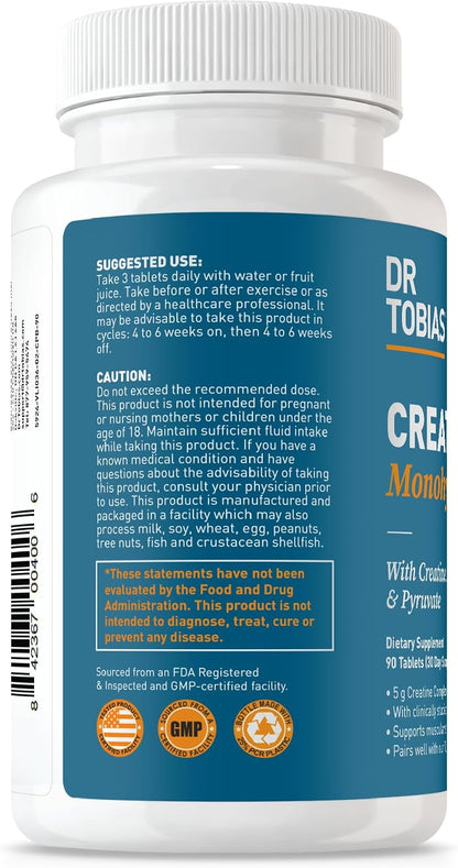 Dr. Tobias Creatine Monohydrate Pills | 5g Complex with Creatine Alpha-Ketoglutarate & Pyruvate | Muscle Strength, Energy & Recovery | 90 Tablets