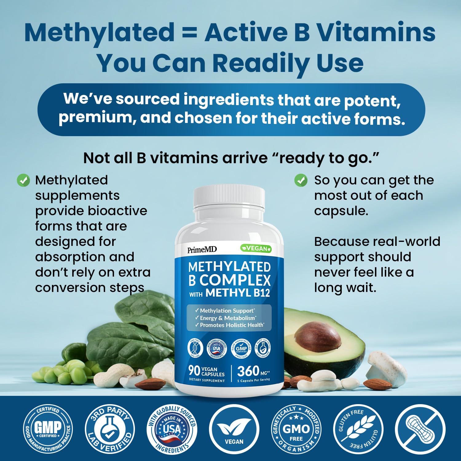 Methylated B Complex with Methylfolate and B12 Methylcobalamin 1000 mcg - Methylated Multivitamin for Energy, Brain Function, and Wellness - Vitamin B Complex for Men & Women (90 Servings) (Pack of 1) PrimeMD buy australia supplements