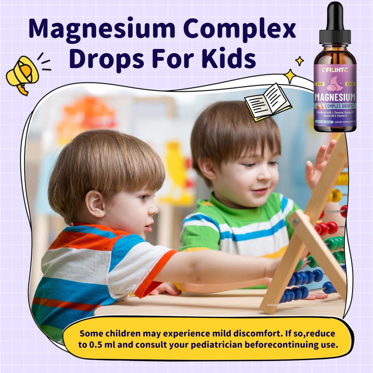 Kids Magnesium Liquid Drops-Magnesium Glycinate Liquid for Kids Supplement-w/L-theanine, Omega-3, Vitamin B6, D3 - for Sleep, Relaxation, Brain, Bones CFILIHTC