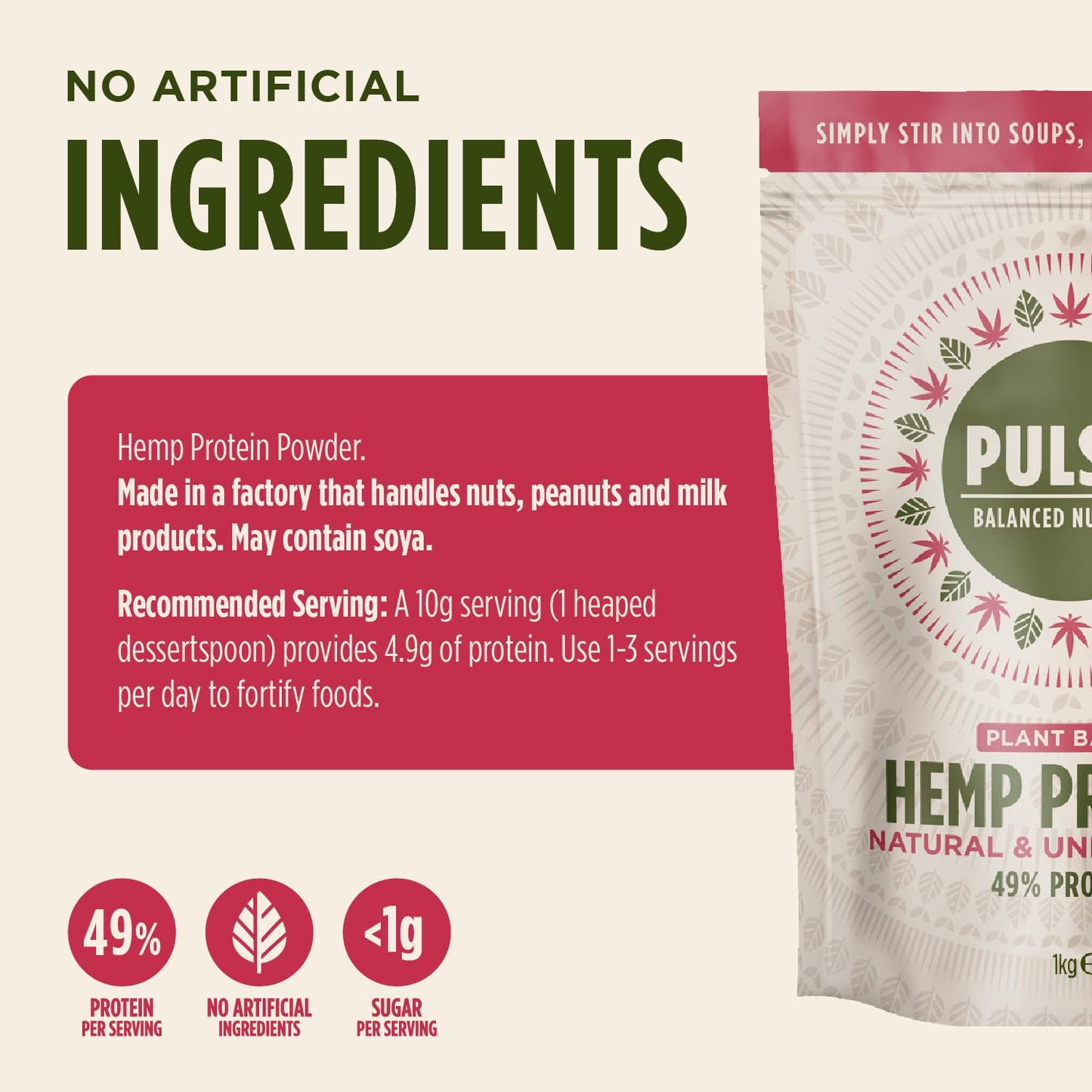 Pulsin - Natural Unflavoured Vegan Hemp Protein Powder - 1kg - 4.9g Protein, 0.4g Carbs, 35 Kcal Per Serving PulsinBuy Supplements Australia