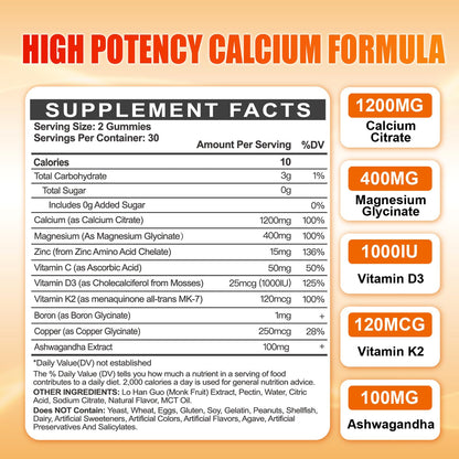 Calcium 1200 mg with Vitamin D3 Gummies for Adults - Calcium Citrate with Vitamin D3 K2, Magnesium, Zinc, Boron, Copper and Ashwagandha Maennyliy