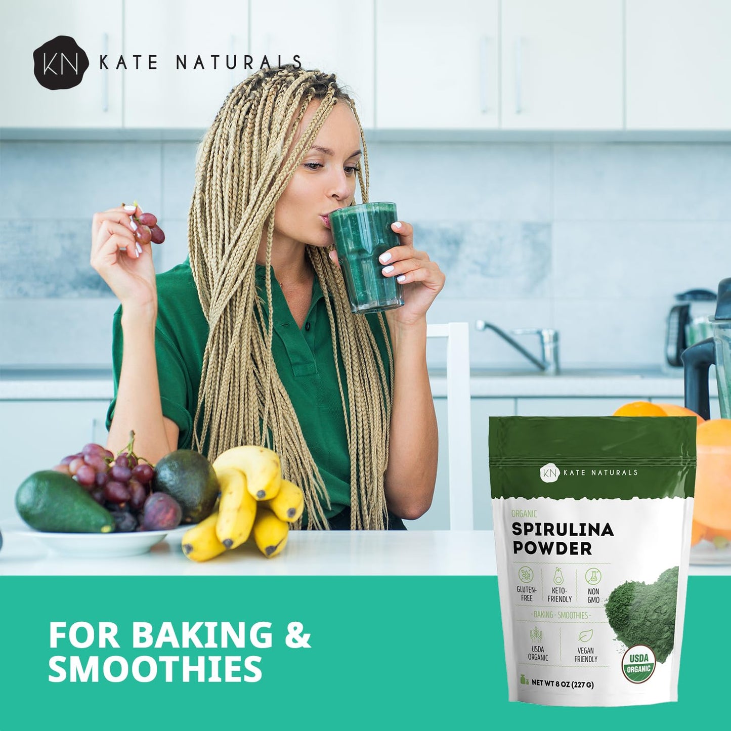 Kate Naturals Organic Spirulina Powder for Immune Support and Antioxidants. Nutrient Dense Superfood Supplement Kate Naturals