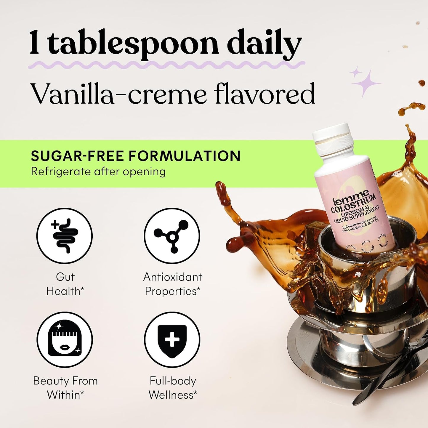 Lemme Colostrum Coffee Creamer for Gut, Skin, Hair & Healthy Aging, Sugar Free Liposomal & Grass Fed 1g Colostrum w/Lactoferrin, MCT Oil, Immunoglobulins, Vanilla Creme Flavored