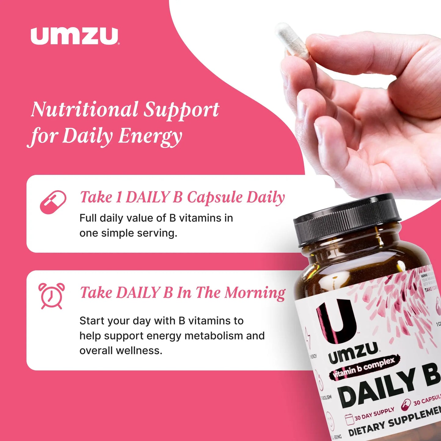 UMZU Daily B, 30 Day Supply – Complete Vitamin B Complex Supplement Blend with B1, B2, B3, B5, B6, B7, B9 & B12 Plus Folic Acid & Biotin – Supports Energy, Focus, Mood, UMZU