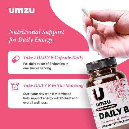UMZU Daily B, 30 Day Supply – Complete Vitamin B Complex Supplement Blend with B1, B2, B3, B5, B6, B7, B9 & B12 Plus Folic Acid & Biotin – Supports Energy, Focus, Mood, UMZU