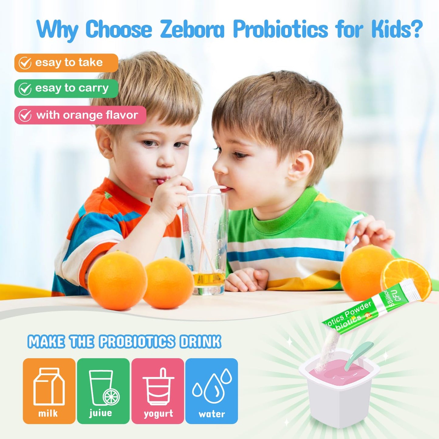 ZEBORA Kids Probiotic & Prebiotics Powder Age 3+ Support Children's Digestive & Immune System with Natural Source, Promotes Constipation Relief, Non-GMO ZEBORA