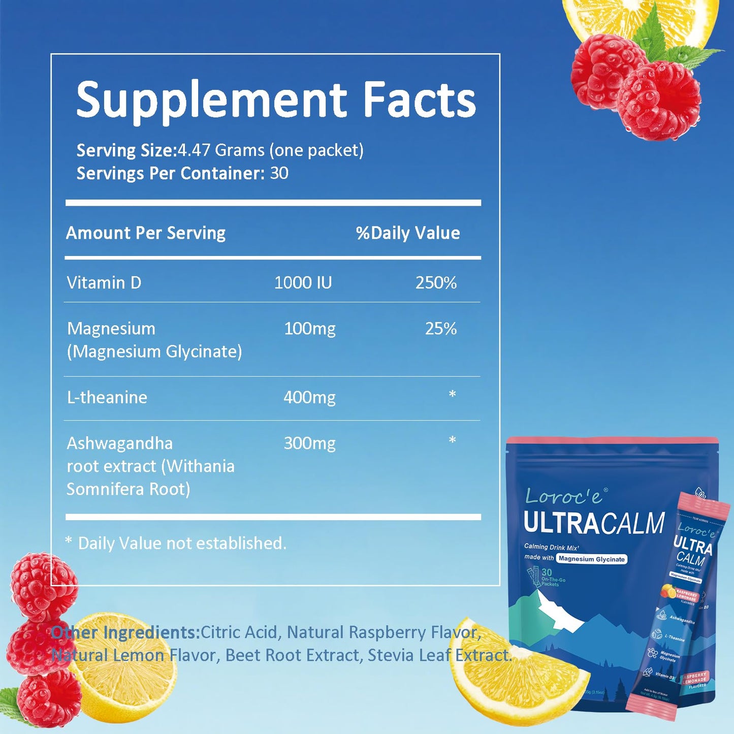 Loroc'e UltraCalm Super Cortisol Reducer Drink, Magnesium Glycinate (30 Servings), L-theanine, Ashwagandha, Vitamin D, No Sugar, Loroc'e