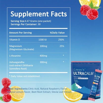 Loroc'e UltraCalm Super Cortisol Reducer Drink, Magnesium Glycinate (30 Servings), L-theanine, Ashwagandha, Vitamin D, No Sugar, Loroc'e